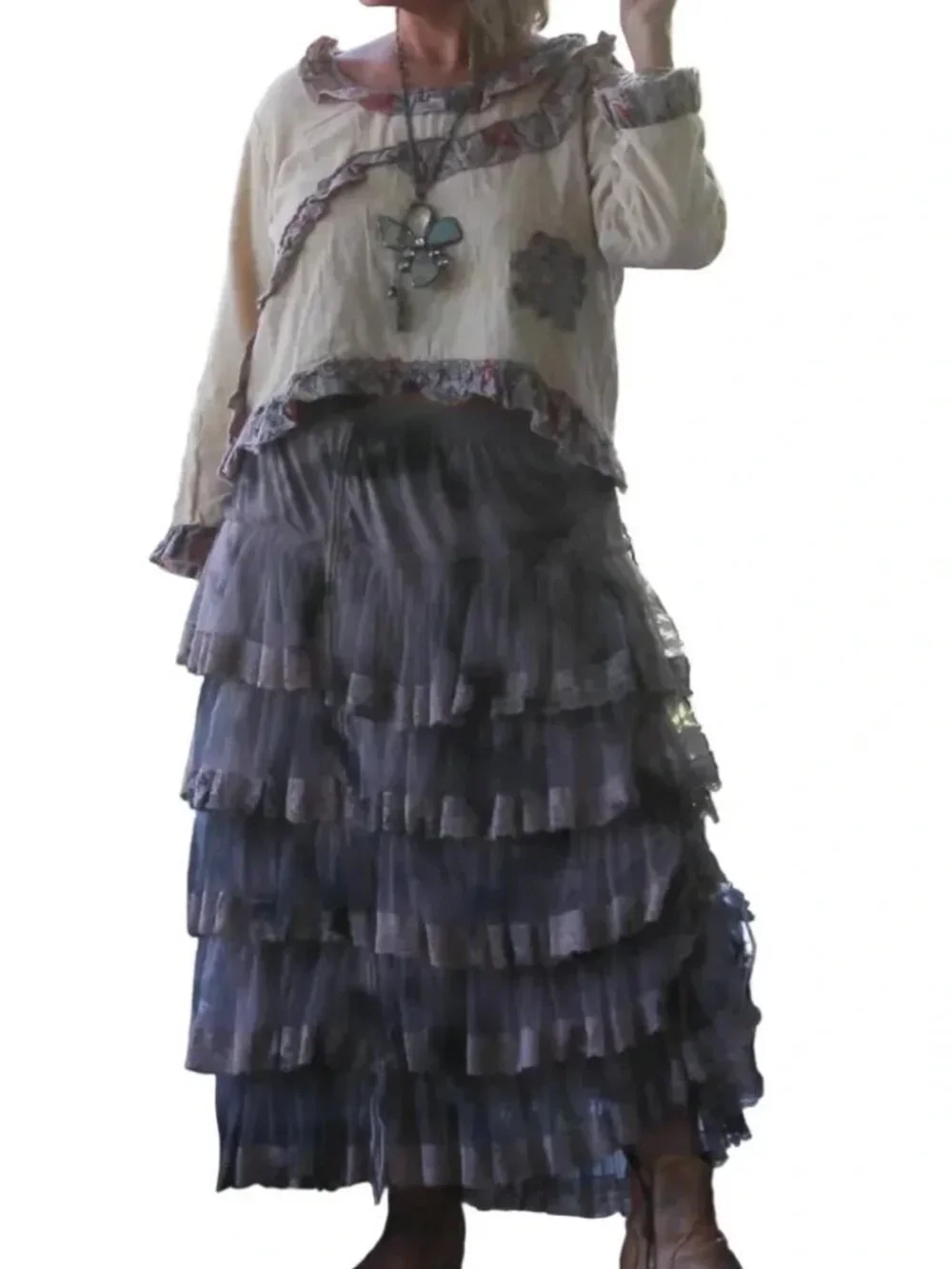 NWT Jaded Gypsy True Romance Skirt Charcoal Boho Maxi High Low Lace Ruffle Skirt - Picture 4 of 5